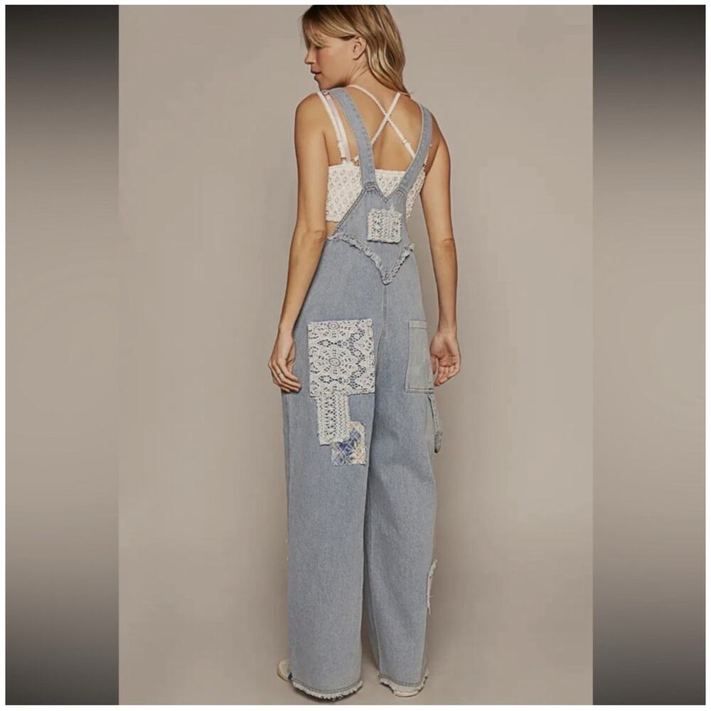 POL Womens Lace Patchwork Wide Leg Denim Overalls Small Cottagecore Bohemian - Picture 11 of 11